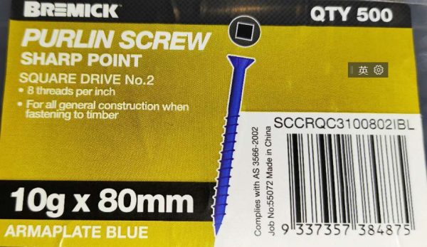 10g+80mm Bremick - Heavy Duty Timber Screws 10g x 80mm Blue Ruspert Finish 500pcs