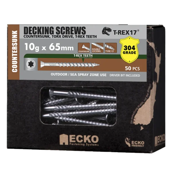 Ecko T-REX17 Decking Screws Countersunk 10g x 65mm, Pack of 1000 304 Stainless Steel