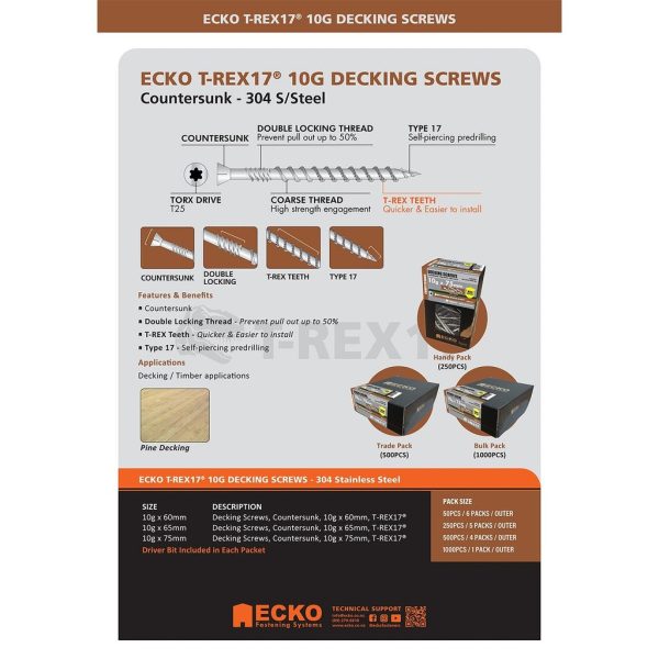 Ecko T-REX17 Decking Screws Countersunk 10g x 65mm, Pack of 1000 304 Stainless Steel