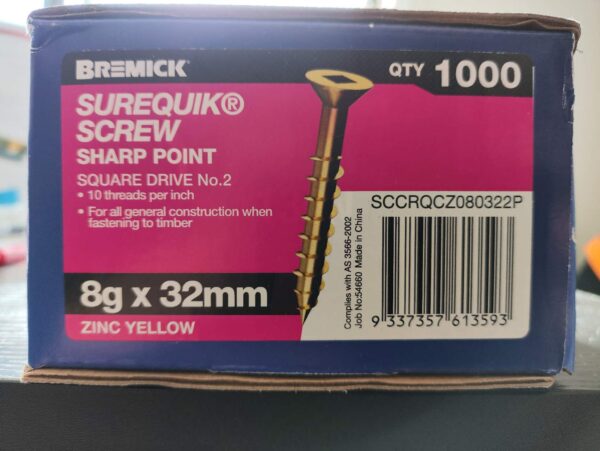 chip board screws3 Bremick Chipboard SQ DRV Yellow zinc (1000pcs) - 8GX32MM