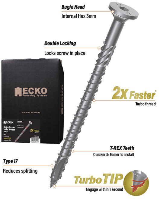 Ecko T-REX17 Batten Screws OutDoor XGuard 14g x 100mm, Pack of 500